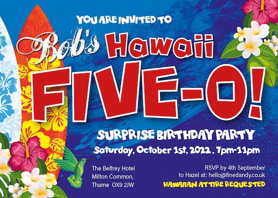Hawaii 50 Birthday Invite. Hawaiian Theme. Postcard Size. Digital