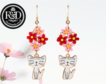 Enamel Cat Dangle Earrings | Floral Bouquet, Whimsical Jewelry