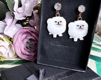 Enamel Pomeranian Drop Earrings