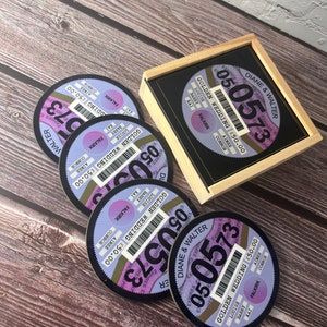 4, 5 or 6 Matching Tax Disc Coasters with Matching Wooden Box