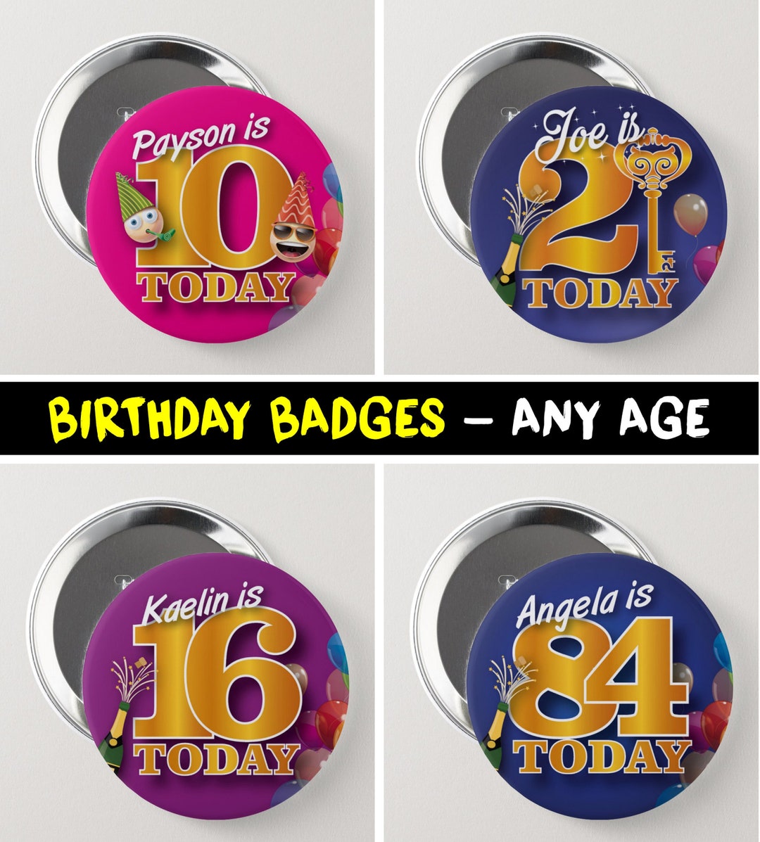 Personalised Birthday Badge • Custom Name Button Pin • Party Favour ...