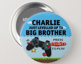 Personalised Levelled Up to Big Brother Badge. New Baby Gift