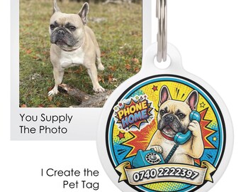 Custom ID Tag, Pop Art Cartoon Pet Portrait, Personalised Dog Name Tag