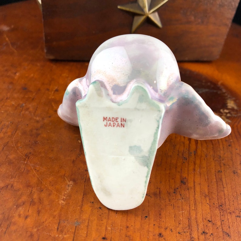 Antique Porcelain Baby Bird Ashtray Mouth Open Luster Snuffer Japan Lusterware Bug Eyes Purple Orange
