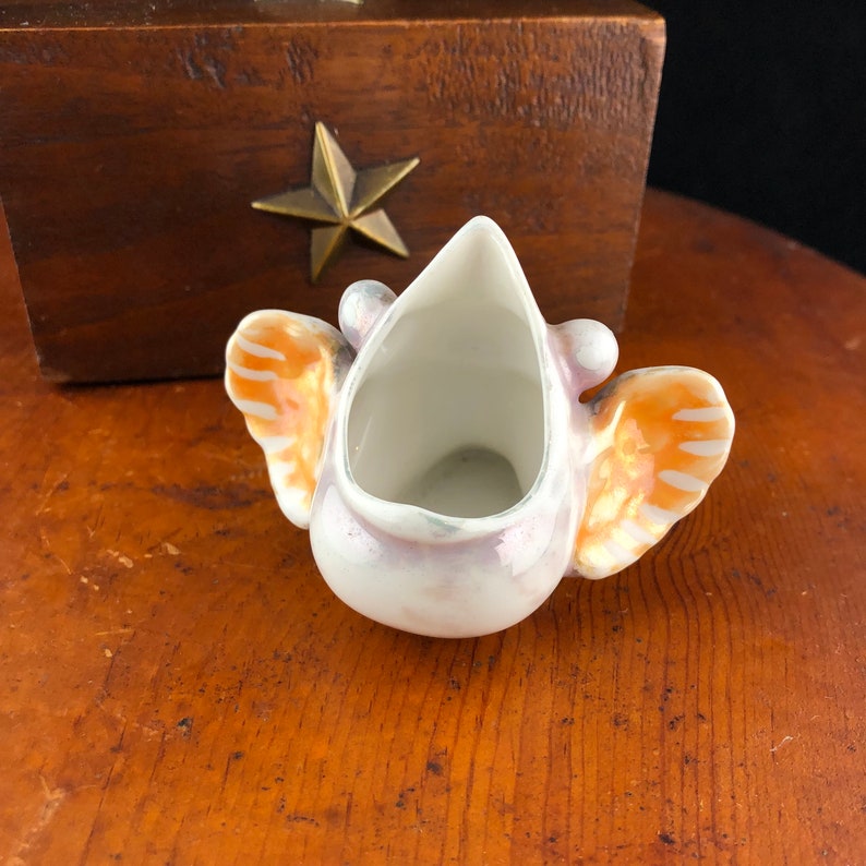 Antique Porcelain Baby Bird Ashtray Mouth Open Luster Snuffer Japan Lusterware Bug Eyes Purple Orange