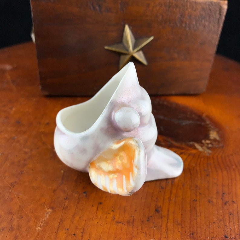 Antique Porcelain Baby Bird Ashtray Mouth Open Luster Snuffer Japan Lusterware Bug Eyes Purple Orange