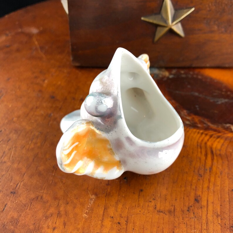 Antique Porcelain Baby Bird Ashtray Mouth Open Luster Snuffer Japan Lusterware Bug Eyes Purple Orange