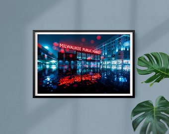 Milwaukee Public Market Rainy Night - Gloss Print - Downtown Milwaukee, Wisconsin - Nightscape (Canvas Wraps available)
