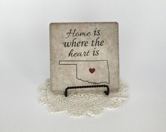 Home is Where the Heart Is - OK Sign - Custom Sign - Decorative Tile - Vinyl Sayings - Oklahoma Gift - State Gift - Vinyl Sign - Vinyl Tile