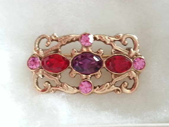 Vintage, pink, red, purple rhinestone, gold tone … - image 1