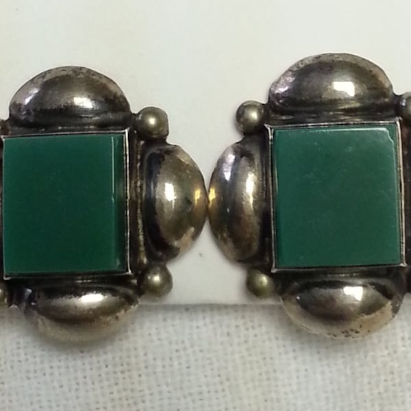 Vintage, Sterling Silver and Green Stone, screwback earrings, made in Mexico, 1950-1960