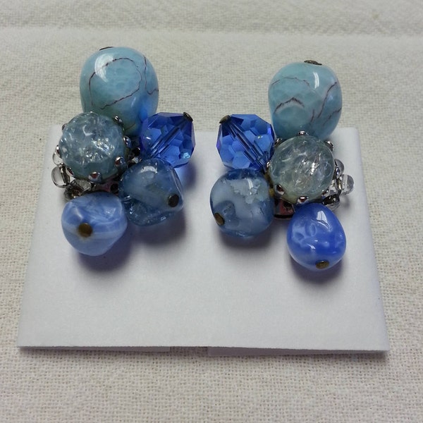 Vintage, Carnegie, blue glass, stone, crystal and silver tone metal, clip on earrings, pre-1955