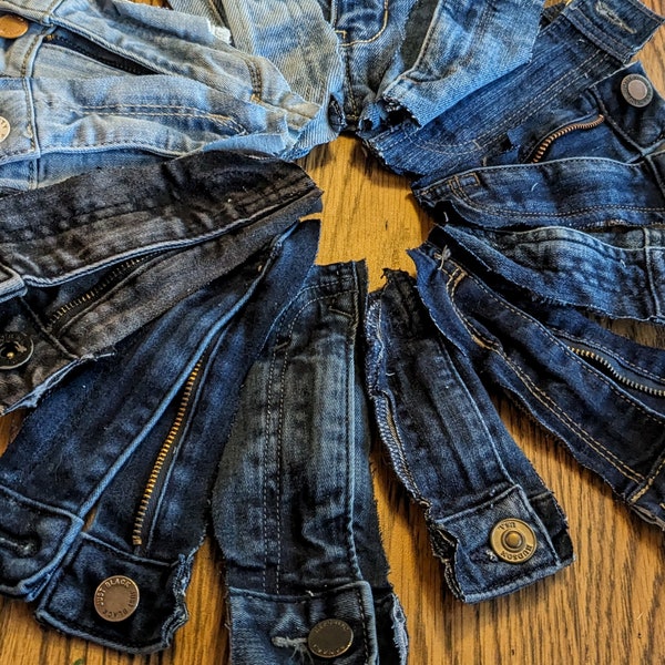 Denim Zippers with Buttons - Lot of 17 - Blue Jean Salvaged Denim - Reclaimed Repurposed Recycled Upcycled Denim Art Supplies Craft Supplies