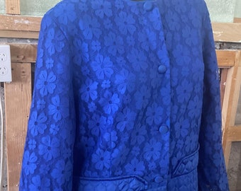 Bata larga acolchada azul de los años 60, corpiño de encaje, bata de brunch, Nueva Zelanda, talla grande