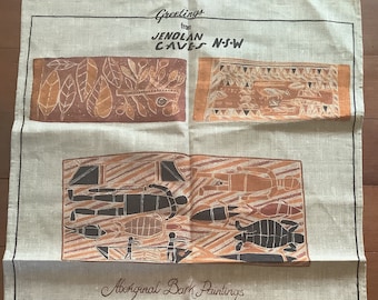 Natural  Flax Linen Aboriginal Bark Painting Souvenir Jenolan Caves Tea Towel , mint with label