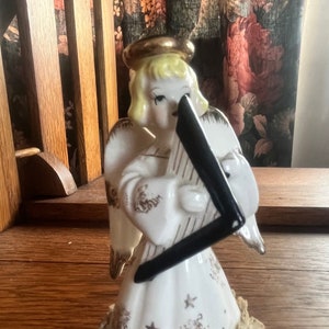 Vintage 1950s Christmas Angel with gold and lace trim, holding musical instrument, made in Japan,