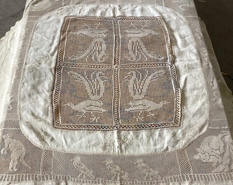 Rare Mary Card Antique Australiana Heirloom tablecloth or bedsham, Lyrebirds, Koala, Kangaroo, Swan, Magpie, Emu