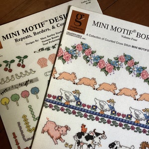 2 Mini schematy do haftu krzyżykowego z motywami, obramowaniami i narożnikami, ulotki Graphworks International 40, 76,