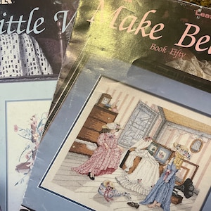 2 wykresy, Make Believe i Little Women, Paula Vaughan Collection Book 12 i 50, Counted Cross Stitch Leaflet Leisure Arts 590 i 2317