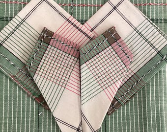 Unused Irish linen 1960s Tablecloth and 4 Napkins Serviettes 52&quot; x 52&quot;, olive and pink
