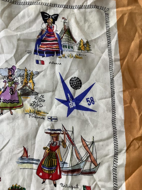 Expo 58 Souvenir Scarf, International Costumes, sheer silk , hand rolled edges, Brussels World’s Fair