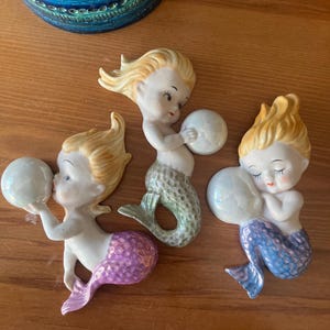 Set 3 Rare Vintage Norcrest Napco  Mermaids blowing lustre bubbles wall plaques,  made in Japan, retro mermaid bathroom decor