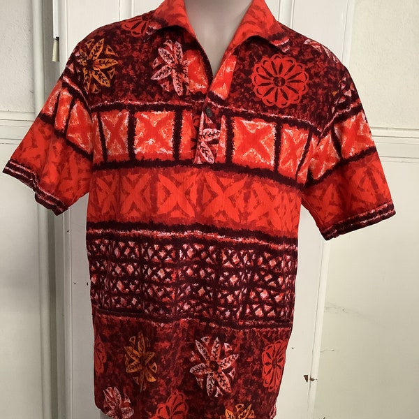 Fabulous 1960s  Iolani Hawaiian  Tropical Shirt, bold orange,2 patch pockets,  short sleeves, bark cloth cotton, Made in Hawaii