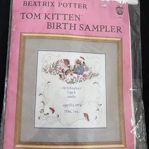 Kit de punto de cruz contado de muestra de nacimiento del gatito Tom de Beatrix Potter, gráfico, tela e hilo Jeanne Bowers Green apple Co 1991