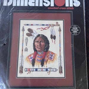 May include: A Dimensions counted cross stitch kit titled "Native Heritage." The design features a portrait of a Native American person surrounded by traditional symbols. The kit includes embroidery thread and fabric.