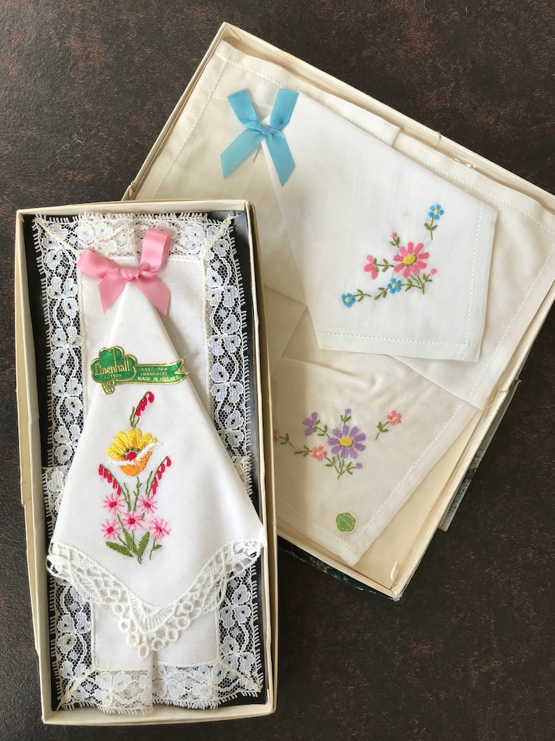 hand loom embroidery 2 boxed sets 1960s Embroidered Irish handkerchiefs flowers Irish Cabin and Linenhall cotton and lace