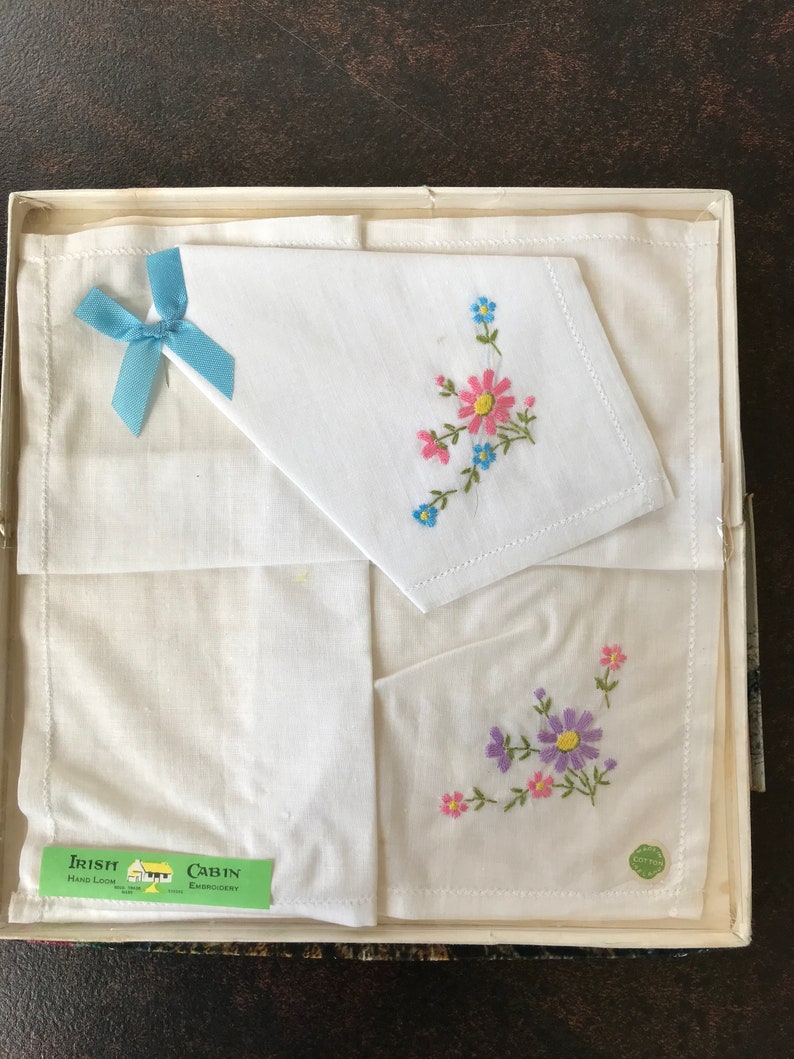 hand loom embroidery 2 boxed sets 1960s Embroidered Irish handkerchiefs flowers Irish Cabin and Linenhall cotton and lace