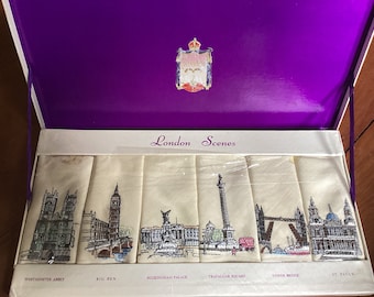 Queen Elizabeth Coronation Boxed Irish Linen Sundew Linens embroidered London Scenes, 6 napkins made in Ireland 1953