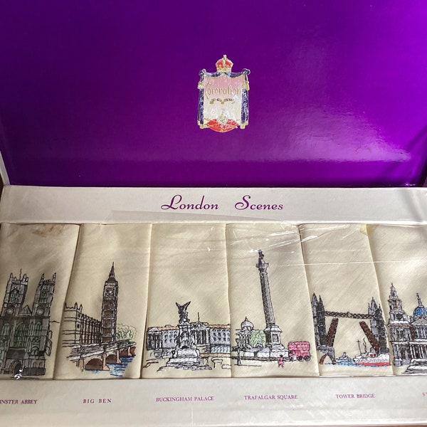 Queen Elizabeth Coronation Boxed Irish Linen Sundew Linens embroidered London Scenes, 6 napkins made in Ireland 1953