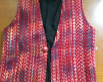 Chaleco de lana neozelandesa tejido a mano, color cereza, rosa y morado, talla S