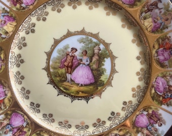 Assiette vintage JK Decor Carlsbad Allemagne Fragonard pour couples en couple, or lourd 28,5 cm,