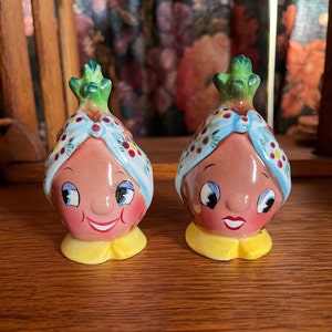 Rare Py Miyao Anthropomorphic Pineapples Salt & Pepper Shakers, made in Japan, Handpainted Coronet