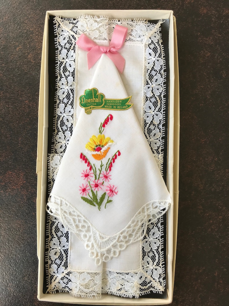 hand loom embroidery 2 boxed sets 1960s Embroidered Irish handkerchiefs flowers Irish Cabin and Linenhall cotton and lace