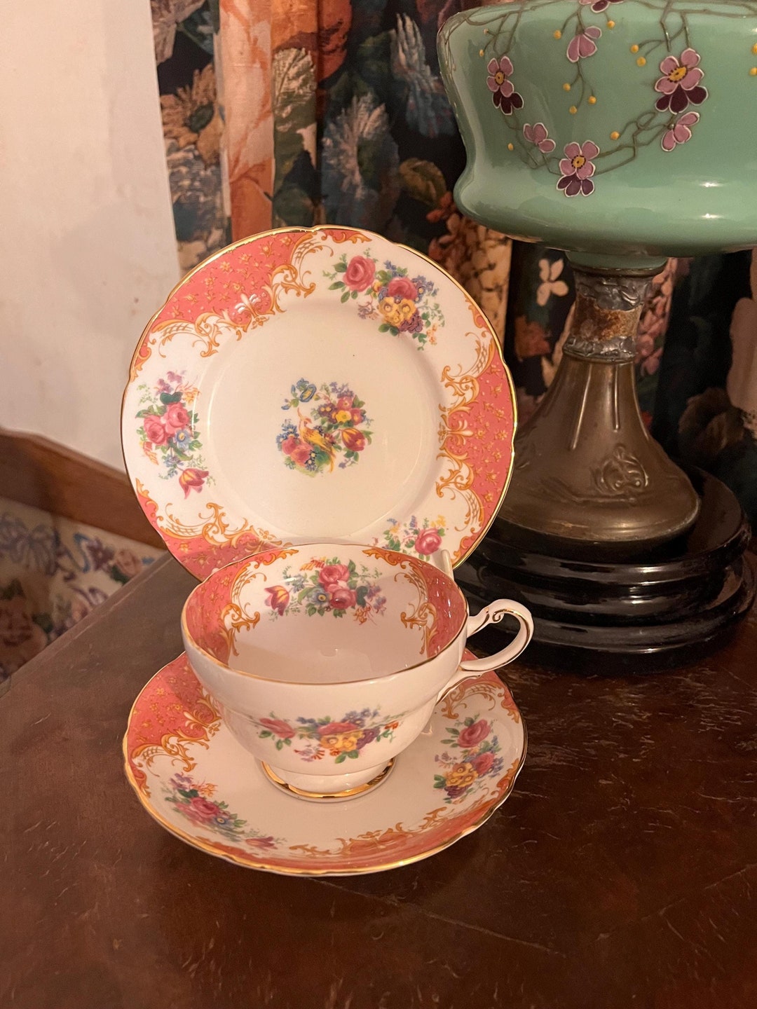 Paragon Rockingham Paragon Pink Rockingham Double Warrant Trio, Cup, Saucer,plate Made in ...