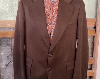 Funky  1970's Mens Brown polyester knit Jacket, wide lapels, peaked pockets, rear belt Hardy Amies , Hallensteins