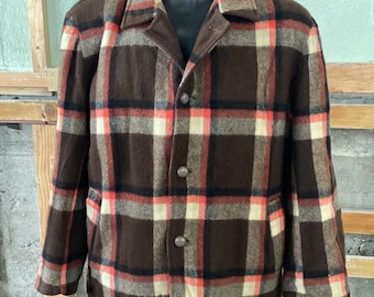Funky 1970s Vintage Wool Outdoors Jacket Red and  Brown Plaid , shear lining M-L Made in New Zealand by Fitzroy