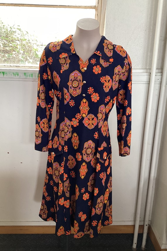 1970s funky bohemian dress, orange blue boho , Ma… - image 2
