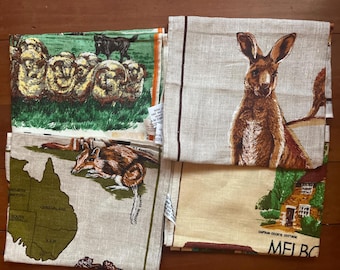 Unused , pure linen, vintage Australian Souvenir Tea towels, Outback, Fauna, Mt Macedon ,Kangaroos, Melbourne