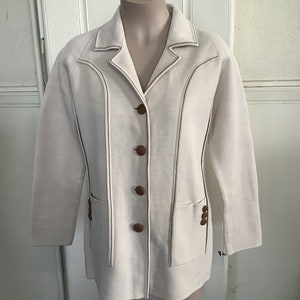 Vintage  knitted Wool Beige Cardigan with brown trim, Sweater Jacket Made in New Zealand