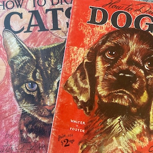 Könnte beinhalten: Zwei Lehrbücher für Kunst mit den Titeln How to Draw Cats und How to Draw Dogs von Walter T. Foster. Die Einbände zeigen detaillierte Illustrationen einer Katze und eines Hundes in Rot-, Orange- und Brauntönen mit schwarzem Text.