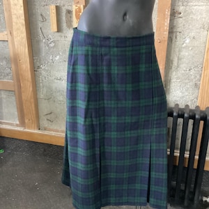 Wool blend green blue tartan  Plaid pleated skirt, Made in New Zealand, Sycamore, medium