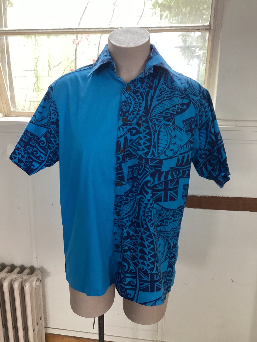 Vintage Fijian Shirt Pacifica Motif Cotton blue Aisokula Made In Fiji 