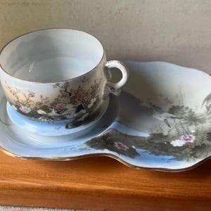 Antique Kutani Egg Shell Cup and side plate set, hand painted cranes,