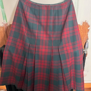 Large wool blend plaid skirt, fully pleated, green and red tartan Made in Australia  by Claremont Court, Preppy skirt 32” waist
