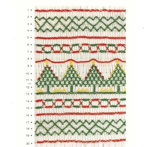 May include: A black and white diagram showing how to create a smocking pattern for Christmas trees. The pattern includes red, green, and yellow thread. The text on the diagram reads "TANNENBÄUME (XMAS TREES) - A.Z. 1034", "Copyright in Canada", "Grace L. Knott Smocking Supplies 1980", and "Printed in Canada Starts".