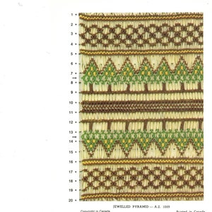May include: A black and white diagram showing a pattern for smocking called "Jewelled Pyramid" with the text "A.Z. 1009" and "Copyright in Canada GRACE L. KNOTT SMOCKING SUPPLIES 1978" and "Printed in Canada" and an arrow pointing to the right with the word "Starts".